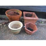 3 Terracotta pots and 1 ceramic pot. Tallest H32cm approx