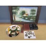 Collectors lot- Silver St. Christopher, oil painting, coinage, Davenport Hand painted plate, pens