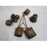 vintage sheep bells one with initials, repro cow bells and a small bell