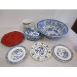 Delft charger, Royal Doulton Falkland's tankard,  Oriental bowl, sauce boat with ladle and plates