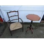 Octagonal mahogany side table and carver chair with rattan seat