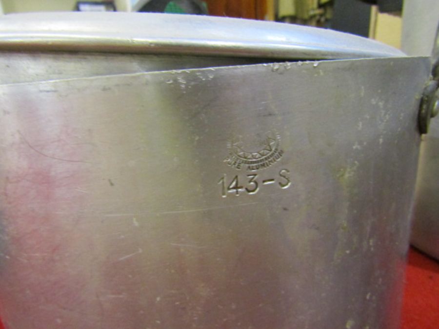 Vintage aluminium inc Aga kitchenalia- urn, half saucepans, 3 tier steamer etc also salter scales - Image 2 of 6