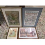 Pastel painting, modern sampler and 2 prints