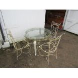 Metal garden table with glass top and 3 chairs A/F