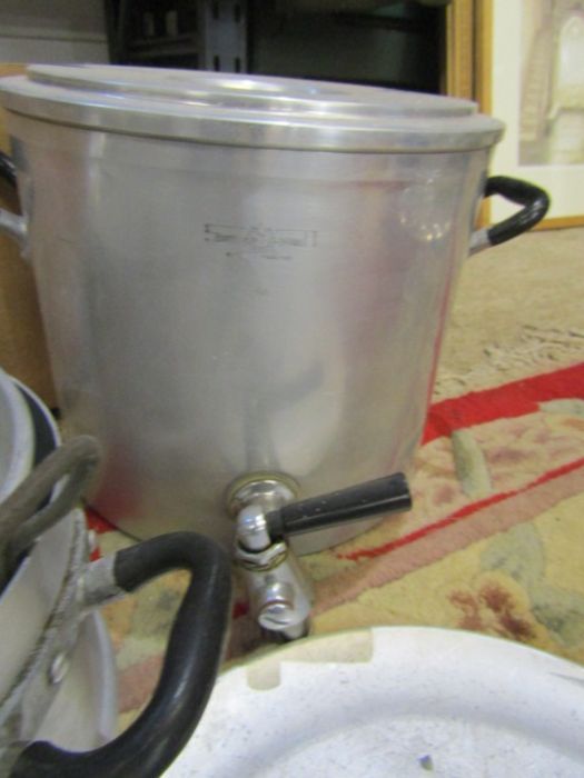 Vintage aluminium inc Aga kitchenalia- urn, half saucepans, 3 tier steamer etc also salter scales - Image 3 of 6
