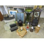 Mixed lot to include lamps, clocks, vintage radio and sewing box etc