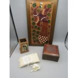Enamelled embossed Greek plaque and pot, white metal setter, wooden inlaid box and Nottingham Lace