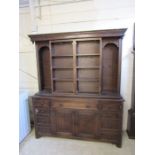 Oak cabinet/dresser with sliding glazed bookcases to top (Glass doors A/F) H185cm W156cm D41cm