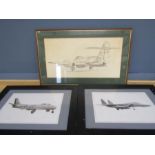 Pencil sketch of an aeroplane and 2 U.S plane prints