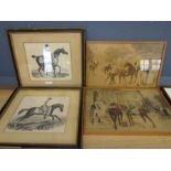 Horse etchings 'Sedbury' and 'Old partner' and 2 hand coloured prints depicting a hunt and the races