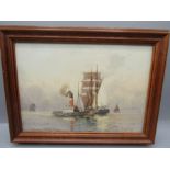 Sam J Brown original watercolour of tug boat and sailing ships (artist was a member of the Welsh