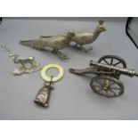 white metal cock and hen birds, cannon, rabbit rattle and stag figure