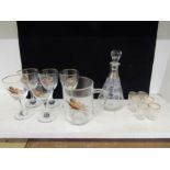 Etched decanter with woodland/country scene with 6 matching shot glasses, 5 wine glasses and tankard