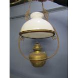 Brass hanging oil lamp with glass shade