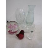 Large pink flower paperweight, ping glass bird, Stuart bud vase, heavy cut glass vase, bowl
