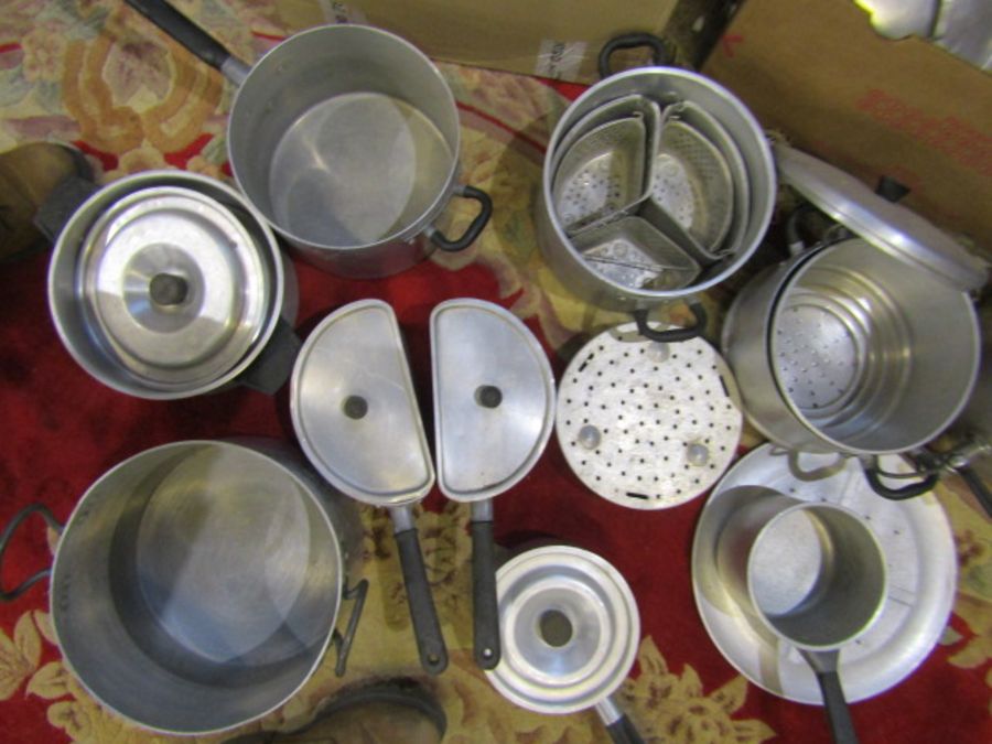 Vintage aluminium inc Aga kitchenalia- urn, half saucepans, 3 tier steamer etc also salter scales - Image 4 of 6