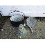 Cast iron cauldron, galvanised handled pot and industrial light fitting