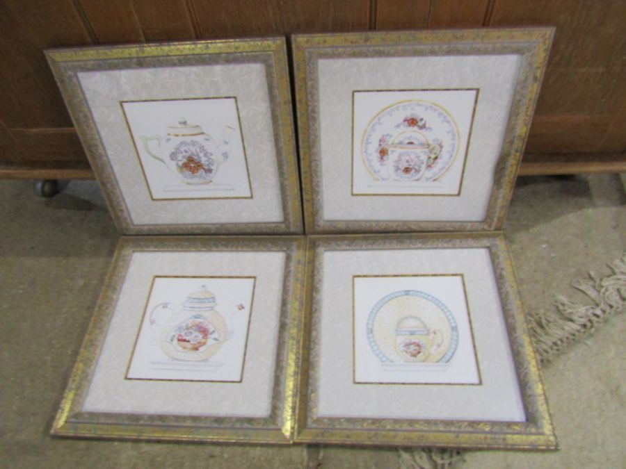 Set of 4 framed prints depicting crockery 33cm x 33cm approx