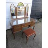 Burr Walnut veneered dressing table with 3 way mirror and stool H78cm W123cm D57cm approx