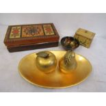 Treen boxes, dish and gold coloured  bowl with fruit