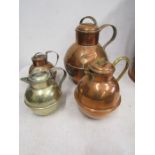 3 copper Jersey milk jugs and one silver plate