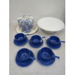 Blue &White cheese dome with plate, cake stand and 5 retro soup bowls with saucers