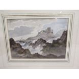 19thC English school watercolour of a stormy coastal scene 5x7". artists symbol verso, framed and