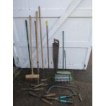 Garden tools to include shears, rake and scarifier etc