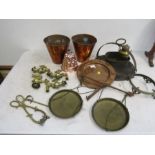 Brass and metal ware inc large pan scales, brass taps,  iron etc etc