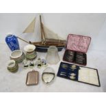 Collectors lot inc Binoculars,hip flasks, boat, Welsh pottery etc
