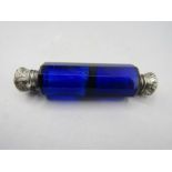 Antique Bristol blue double scent bottle with white metal caps, 1 cap hinge a/f