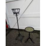 Wrought iron plant stand and mahogany side table