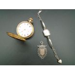 A silver hallmarked fob medal Birmingham 1902. A gold plated pocket watch a/f case by Dennison (with