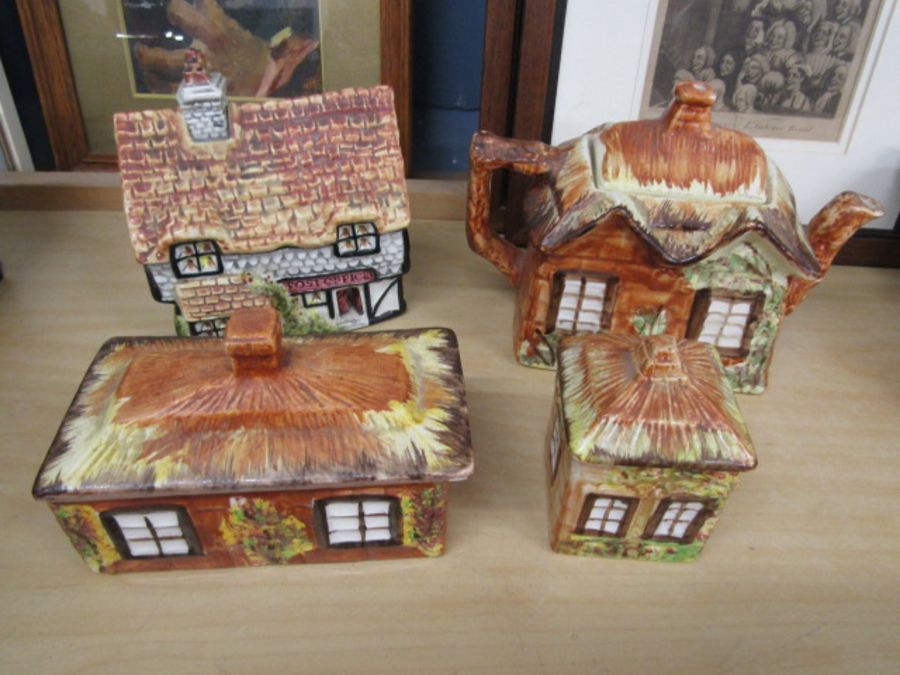 Norwich pottery post office and Kensington Price cottage ware teapot, butter dish and pot