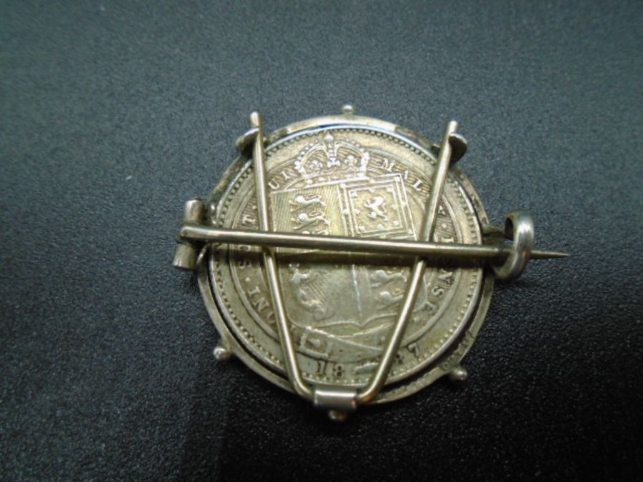 A sterling silver mounted shilling coin brooch . The shilling is dated 1887 Queen Victoria's - Image 3 of 4