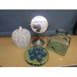 mixed lot- vanity mirror, glass vase, candle holder and Oriental lidded pot