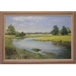 Gerald Mills (Norfolk, British), oil on canvas landscape depicting a river / water meadow scene with