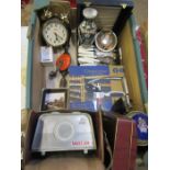 A box sundry items- new boxed corkscrew, clock, vintage tins, drill etc etc