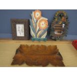 Treen photo frame, tray, mirror and peg rail