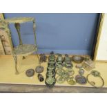 Brass pot stand, horse brasses, HMV music box, lion door knocker and various brass/copper ware