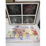 Metal Steam engine sign and a print of 4 Showman's engines