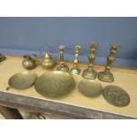 Mixed brass candlesticks and plates etc