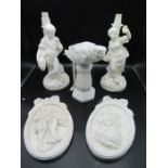 Blanc de blanc china- 2 crossed sword candle holders, a parrot and 2 plaques male candle holder