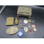 2 buckles and badges in a silvered embossed box