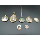 A collection of Mourning lockets (3 are hallmarked 9ct gold, two containing hair) plus two others