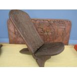 Carved Oriental treen plaque 78x34 and carved chair