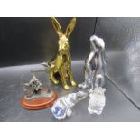 Merlin Fine arts wizard, a 'silver' and 'gold' coloured hares, a glass viking and glass polar bear