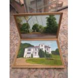 2 Signed oil on board paintings, one of a house and the other of a gateway 43cm x 65cm approx