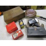 Collectables- a Halina super 8, part cutlery canteen, vintage travel iron and view finder and copper