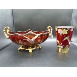 Carlton Ware Rouge Royale oval two handled vase with a mallard duck in flight over irises, hand